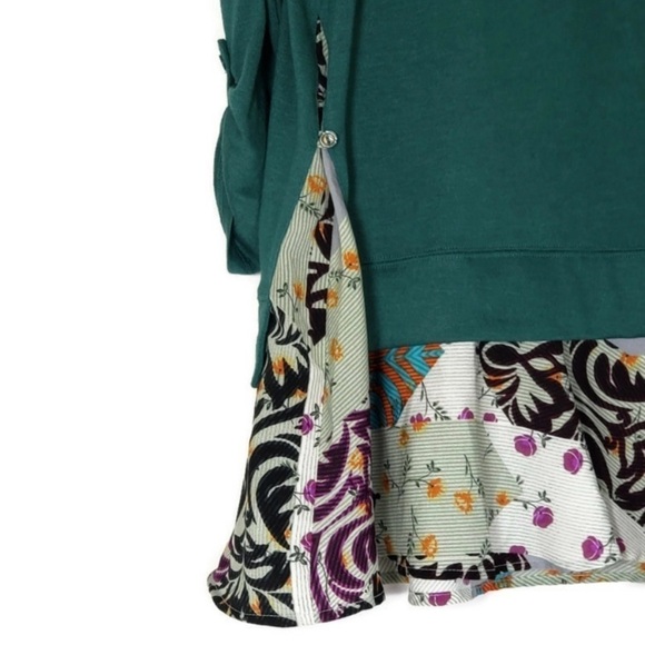 ✅ Anthropologie Little Yellow Button Blouse Sz S Green Flounce Tunic Rolled Tab - Picture 6 of 9